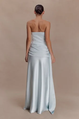 Sarah Strapless Maxi Dress With Waist Tie – Ice Blue
