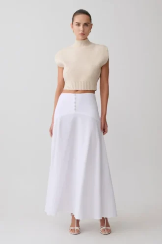 Selma Curved Waist Midi Skirt – White