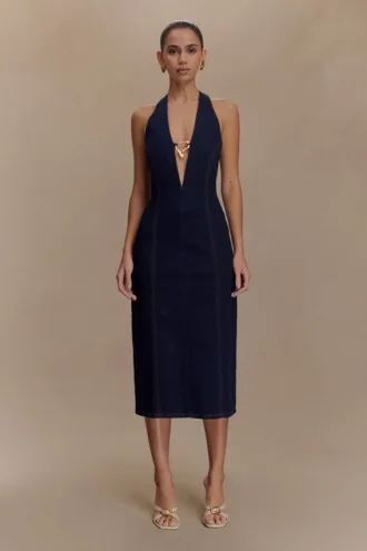 Shauna Denim Halter Midi Dress – Indigo Blue Shauna Denim Halter Midi Dress – Indigo Blue
