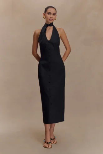 Simona Halter Neck Midi Dress – Black