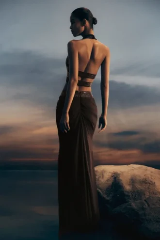 Siren Satin And Diamante Maxi Skirt – Dark Chocolate