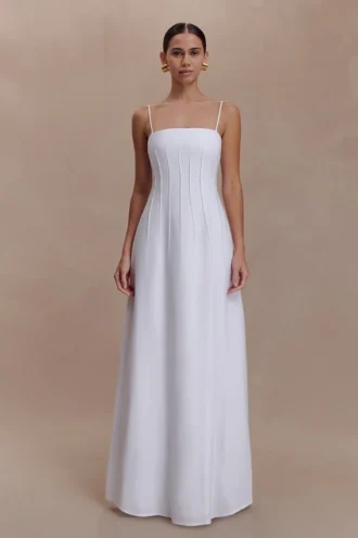 Sofie Pintuck Linen Maxi Dress – White