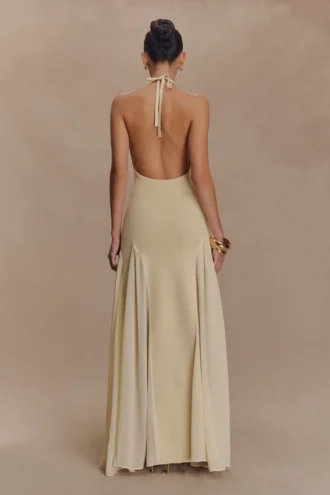 Soleil Knit And Mesh Halter Maxi Dress – Cream
