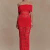 Solstice Off Shoulder Crochet Knit Maxi Dress – Blood Orange