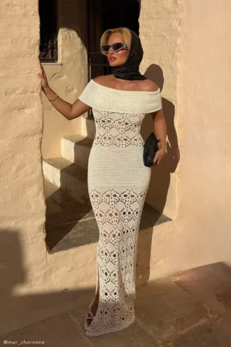 Solstice Off Shoulder Crochet Knit Maxi Dress – Ivory