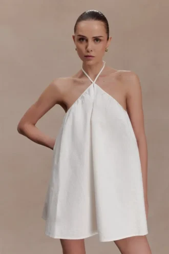 Sonja Keyhole Halter Cotton Mini Dress – White