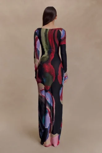 Soraya Long Sleeve Mesh Maxi Dress – Multi Fluid Reverie Print