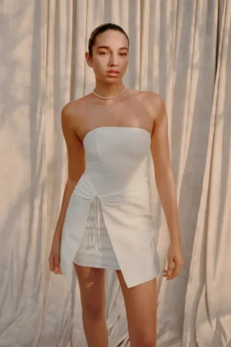 Steph Strapless Linen Mini Dress – White