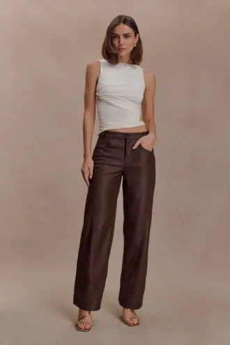 Theo Faux Leather Mid Rise Pants – Dark Chocolate Theo Faux Leather Mid Rise Pants – Dark Chocolate