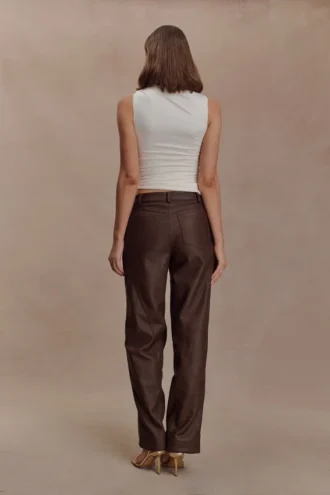 Theo Faux Leather Mid Rise Pants – Dark Chocolate Theo Faux Leather Mid Rise Pants – Dark Chocolate