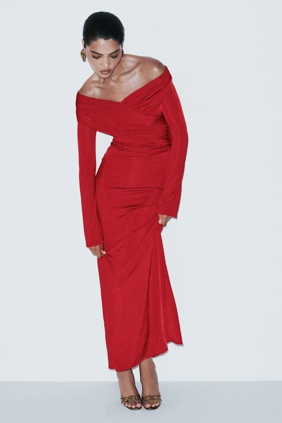 Therese Off Shoulder Ruched Maxi Dress – Red Therese Off Shoulder Ruched Maxi Dress – Red
