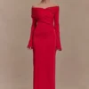 Therese Off Shoulder Ruched Maxi Dress – Red Therese Off Shoulder Ruched Maxi Dress – Red
