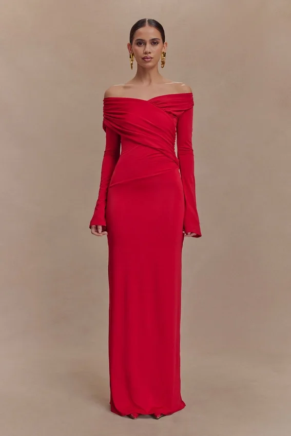 Therese Off Shoulder Ruched Maxi Dress – Red Therese Off Shoulder Ruched Maxi Dress – Red