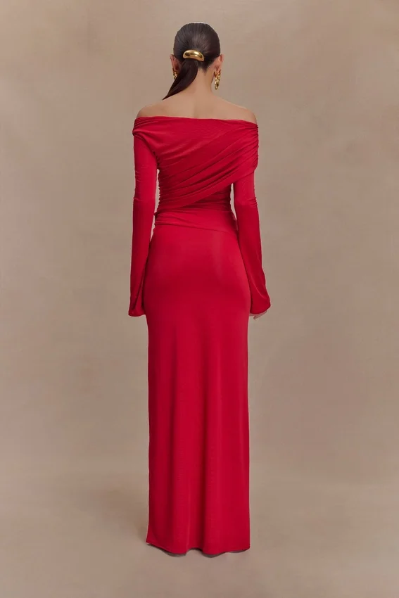 Therese Off Shoulder Ruched Maxi Dress – Red Therese Off Shoulder Ruched Maxi Dress – Red