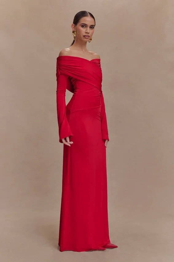 Therese Off Shoulder Ruched Maxi Dress – Red Therese Off Shoulder Ruched Maxi Dress – Red