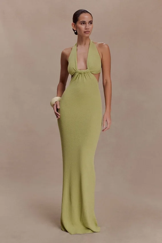 Theresea Halter Knit Maxi Dress – Light Olive Theresea Halter Knit Maxi Dress – Light Olive