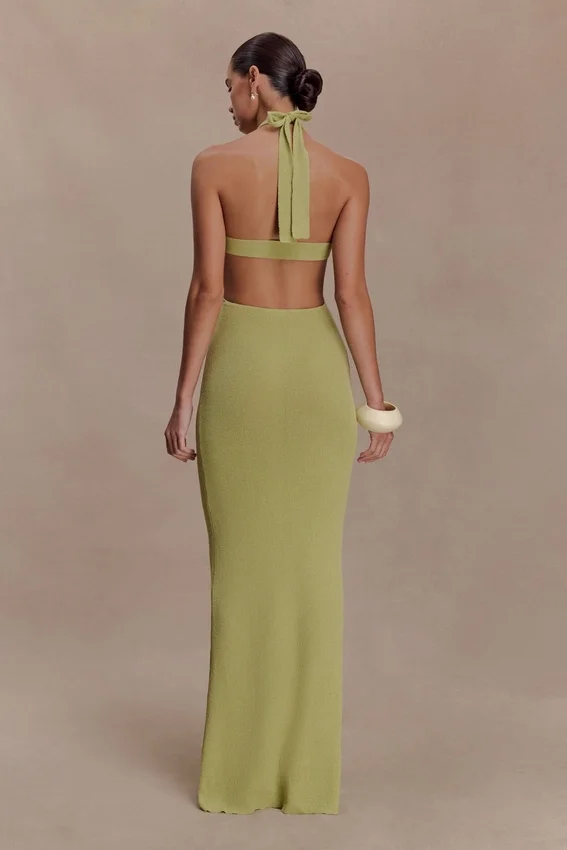 Theresea Halter Knit Maxi Dress – Light Olive Theresea Halter Knit Maxi Dress – Light Olive