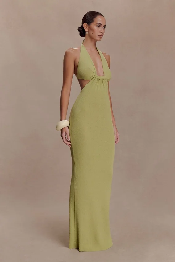 Theresea Halter Knit Maxi Dress – Light Olive Theresea Halter Knit Maxi Dress – Light Olive