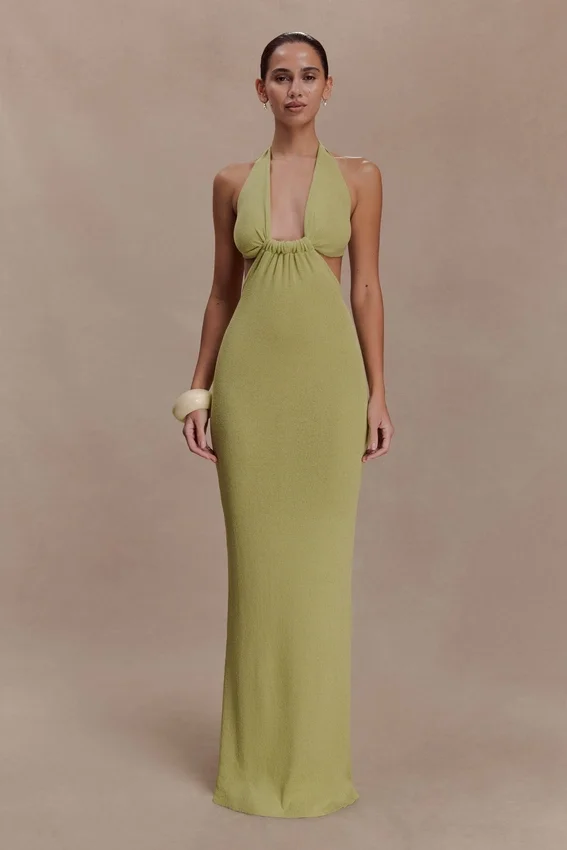 Theresea Halter Knit Maxi Dress – Light Olive Theresea Halter Knit Maxi Dress – Light Olive
