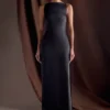 Violet Sleeveless Satin Maxi Dress – Black