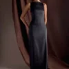 Violet Sleeveless Satin Maxi Dress – Black