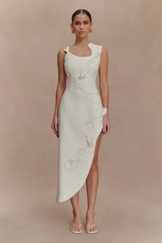Virginia Suiting Embroidered Midi Dress – White
