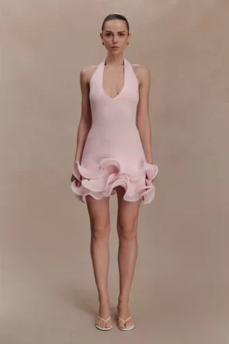 Willowmena Halter Neckline Mini Dress With Tubed Hem – Baby Pink