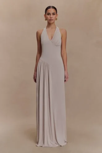 Yelena Ruched Halter Maxi Dress – Taupe