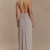 Yelena Ruched Halter Maxi Dress – Taupe Yelena Ruched Halter Maxi Dress – Taupe