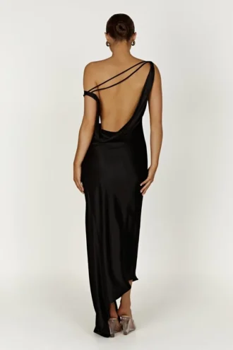 Yvette Slip Maxi Dress With Asymmetrical Hem – Black