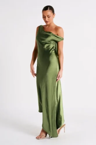 Yvette Slip Maxi Dress With Asymmetrical Hem – Emerald