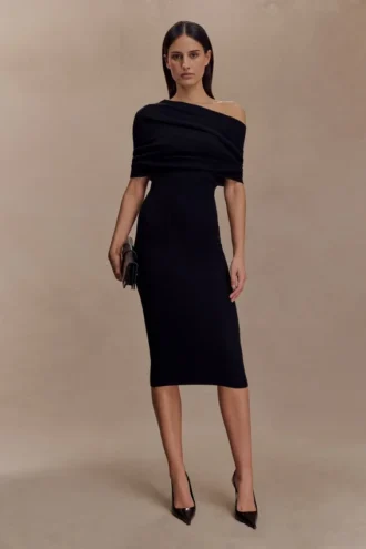 Zandie Cashmere Blend Knit Midi Dress – Black